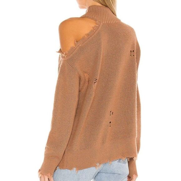 Revolve Lovers + Friends Camel Arlington One Shoulder Distressed Sweater Medium - Picture 3 of 13